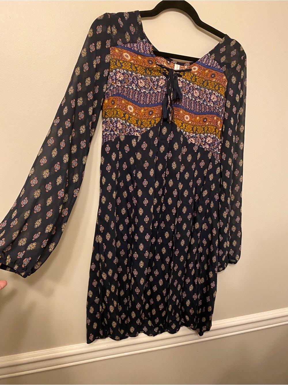Xhilaration Navy Long-Sleeve Boho Dress with Mustard & Purple Yoke